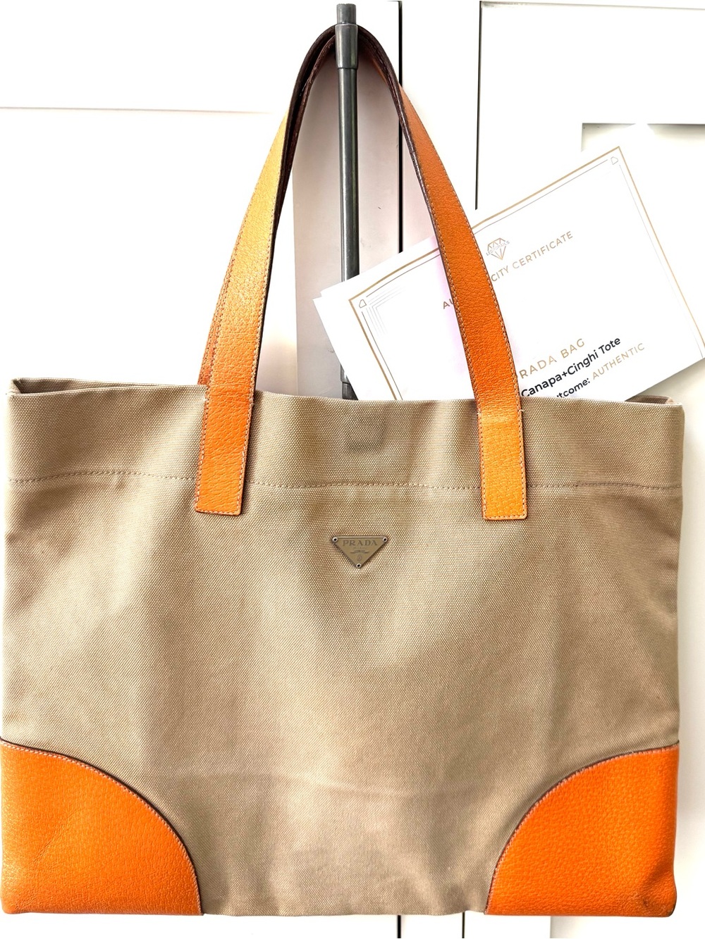 PRADA + COA Vintage Canvas & Leather Tote Bag Beige Orange Shoulder Bag Italy - Picture 10 of 10